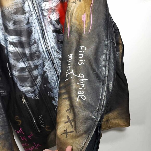 Mega Force Men's Sz46 Black Leather Custom Hand Painted Zip Motorcycle Jacket - Picture 12 of 16